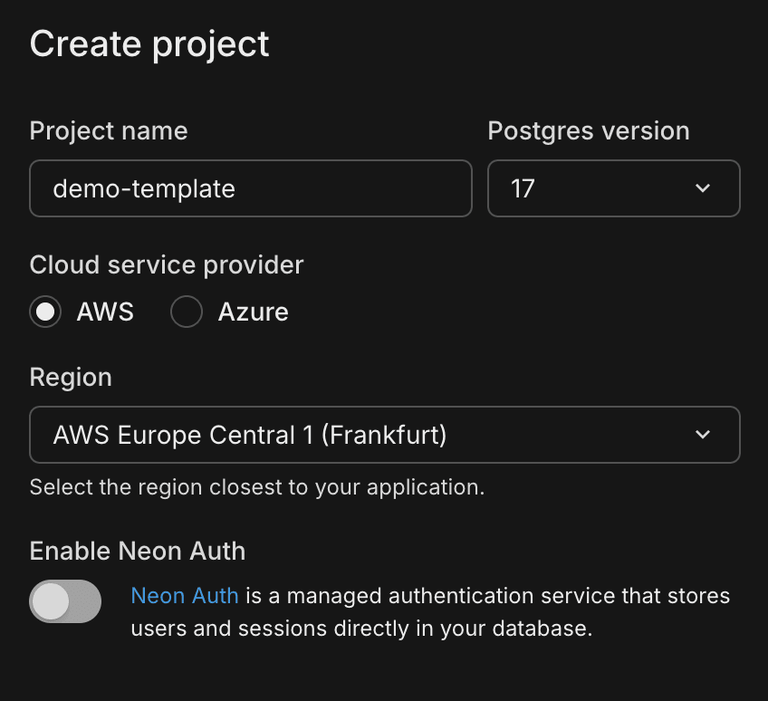 Neon create project form