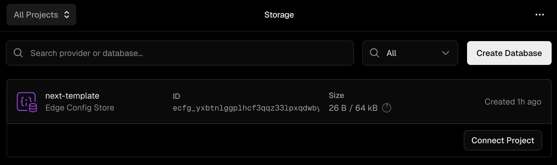 Edge Config store in the Vercel storage list